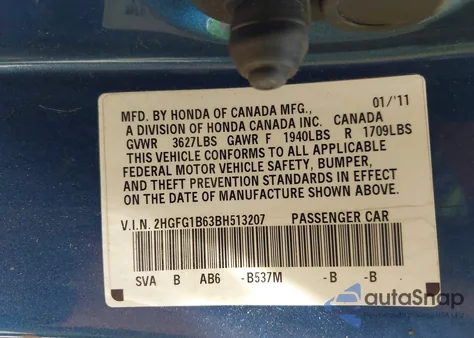 2011 Honda Civic Lx from USA, damaged, VIN 2HGFG1B63BH513207